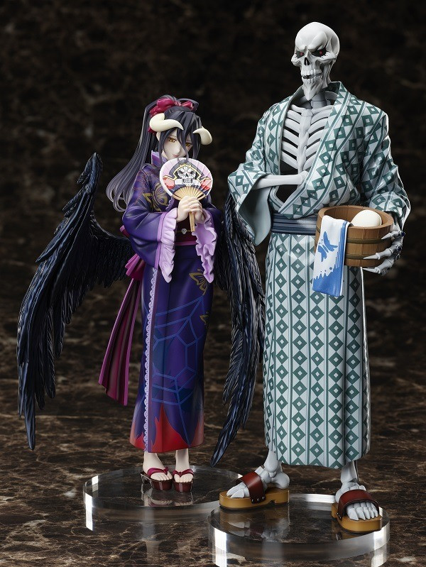 A promotional image of FuRyu's Overlord 1/8 scale yukata figures, featuring Albedo and Ainz Ooal Gown in their summer kimonos.