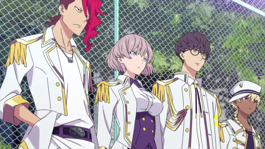 Onija, Mujina, Juuga, and Sizumu strike an intimidating pose in front of a chain link fence in a scene from the SSSS.DYNAZENON TV anime.