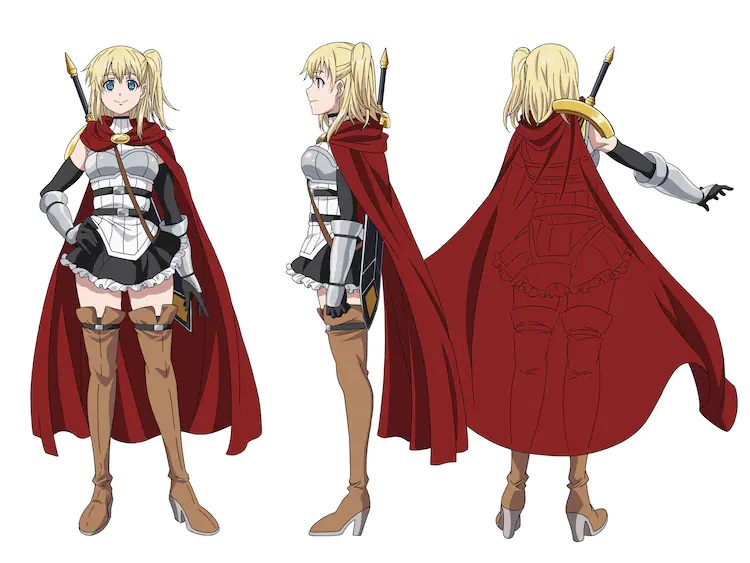 A character setting featuring the front, side, and rear views of Millie Eunice from the upcoming The Legendary Hero is Dead! TV anime. Millie is a young woman with blonde hair in a side ponytail and blue eyes. She wears an adventuring outfit that combines plate armor with a black and white maid uniform as well as a long red cloak and thigh high brown leather boots. Millie also carries a broadsword strapped to her back.