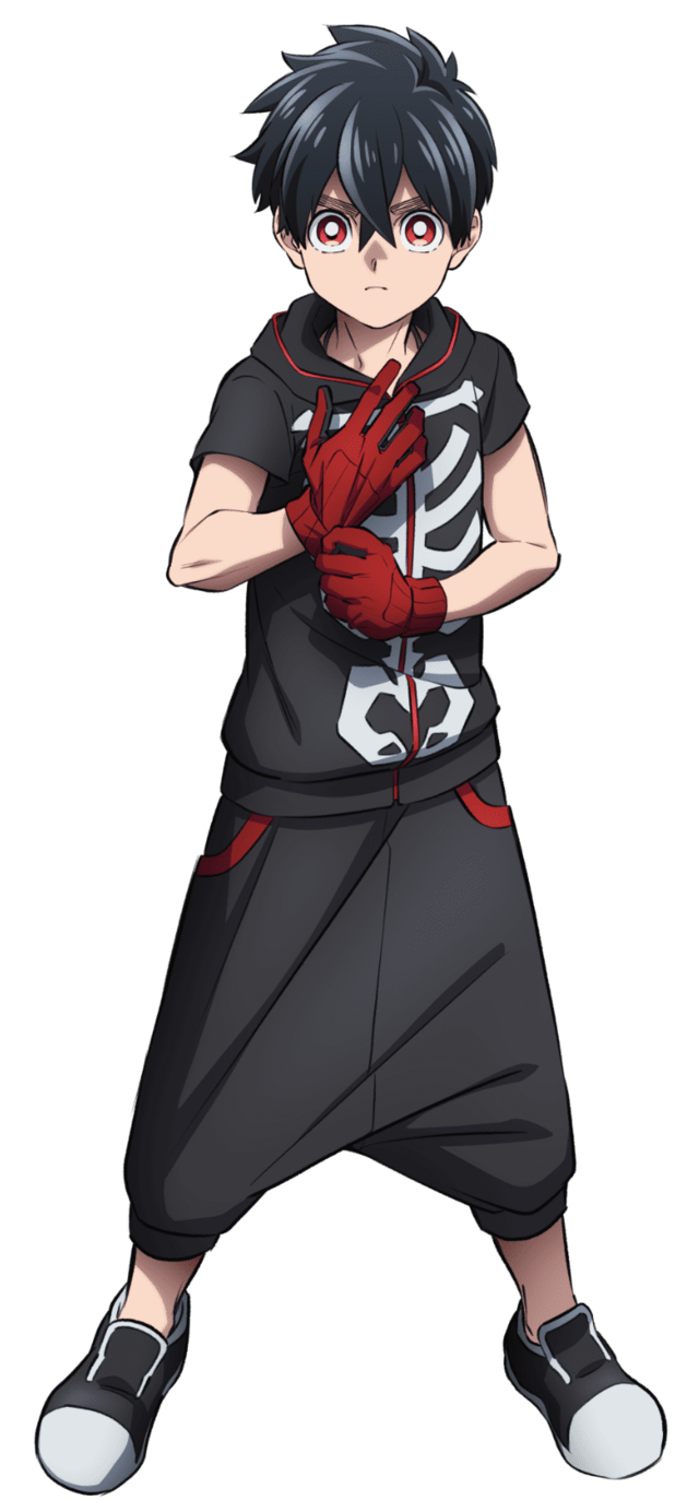 A character visual of Kabane, the 13 year old protagonist from the Kemono Jihen TV anime. Kabane has dark hair, red eyes, and he wears bagging clothing with a skeleton motif.
