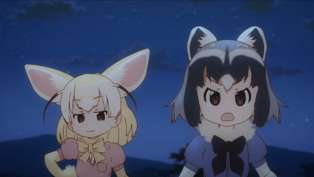 Fennec and Raccoon pursue a mysterious hat thief in the first episode of the first season of the Kemono Friends TV anime.