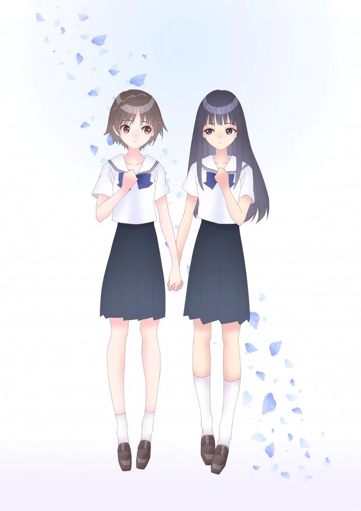 Ein Teaser-Visual für den kommenden TV-Anime BLUE REFLFECTION RAY / Mio mit den Hauptfiguren Hiori Hirahara und Ruka Hanari - zwei High-School-Mädchen - Händchen haltend.