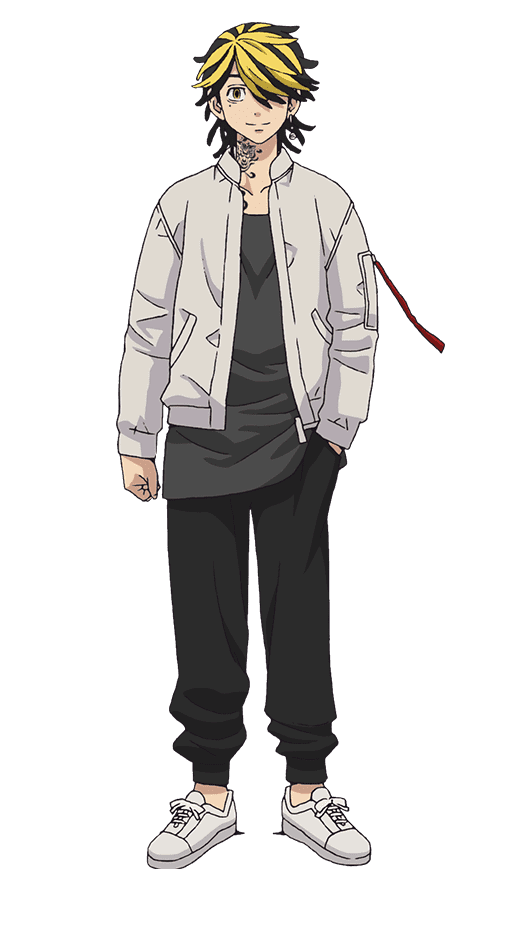 A character setting of Kazutora Hanemiya from the Tokyo Revengers TV anime. Kazutora appears as a young man with his hair done up in locks with bleached blonde highlights and a prominent neck tattoo. He's dressed in casual clothes: a white jacket, black T-shirt, black pants, and white tennis shoes.