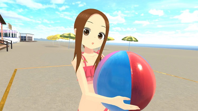 Takagi-san plays with a beach ball in a scene from the KARAKAI JOZU NO TAKAGI-SAN VR 1st Semester virtual reality app.