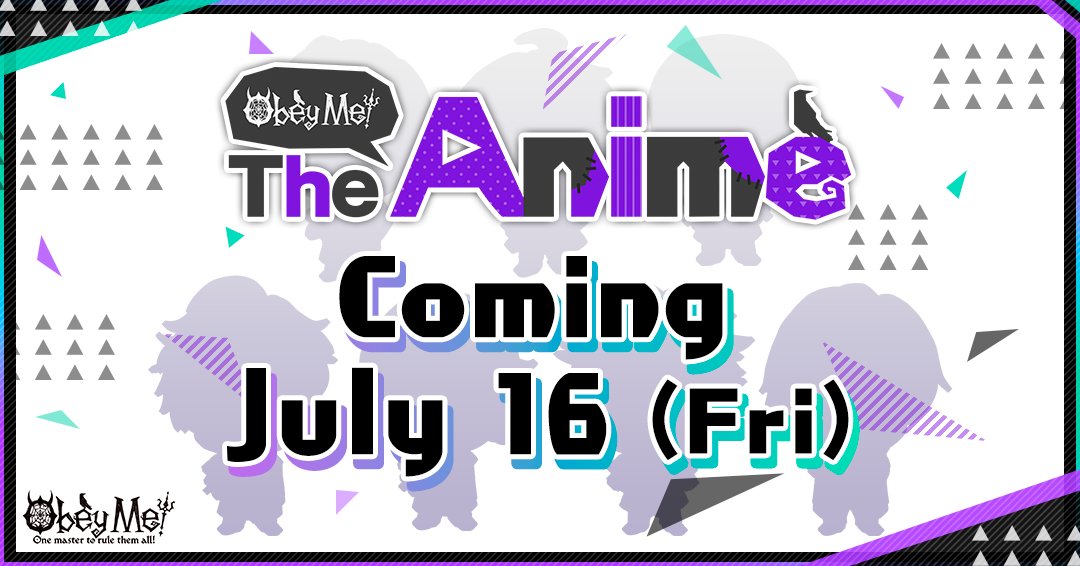 A promotional image for the upcoming Obey Me! The Anime web series, announcing the July 16th streaming date and featuring chibi silhouettes of the seven main demon brother characters.