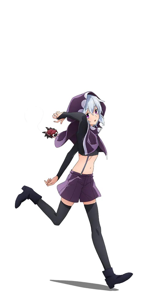 A character setting of Tise from the upcoming Banished from the Hero's Party TV anime. Tise is a petite young woman with silver hair and pink eyes. She wear a short cloak and cowl of dark purple, a midriff-baring shirt and shorts combo, black leggings, and black boots. A cartoonish spider grips the edge of her cloak in its fangs and trails a streamer of webbing behind it.