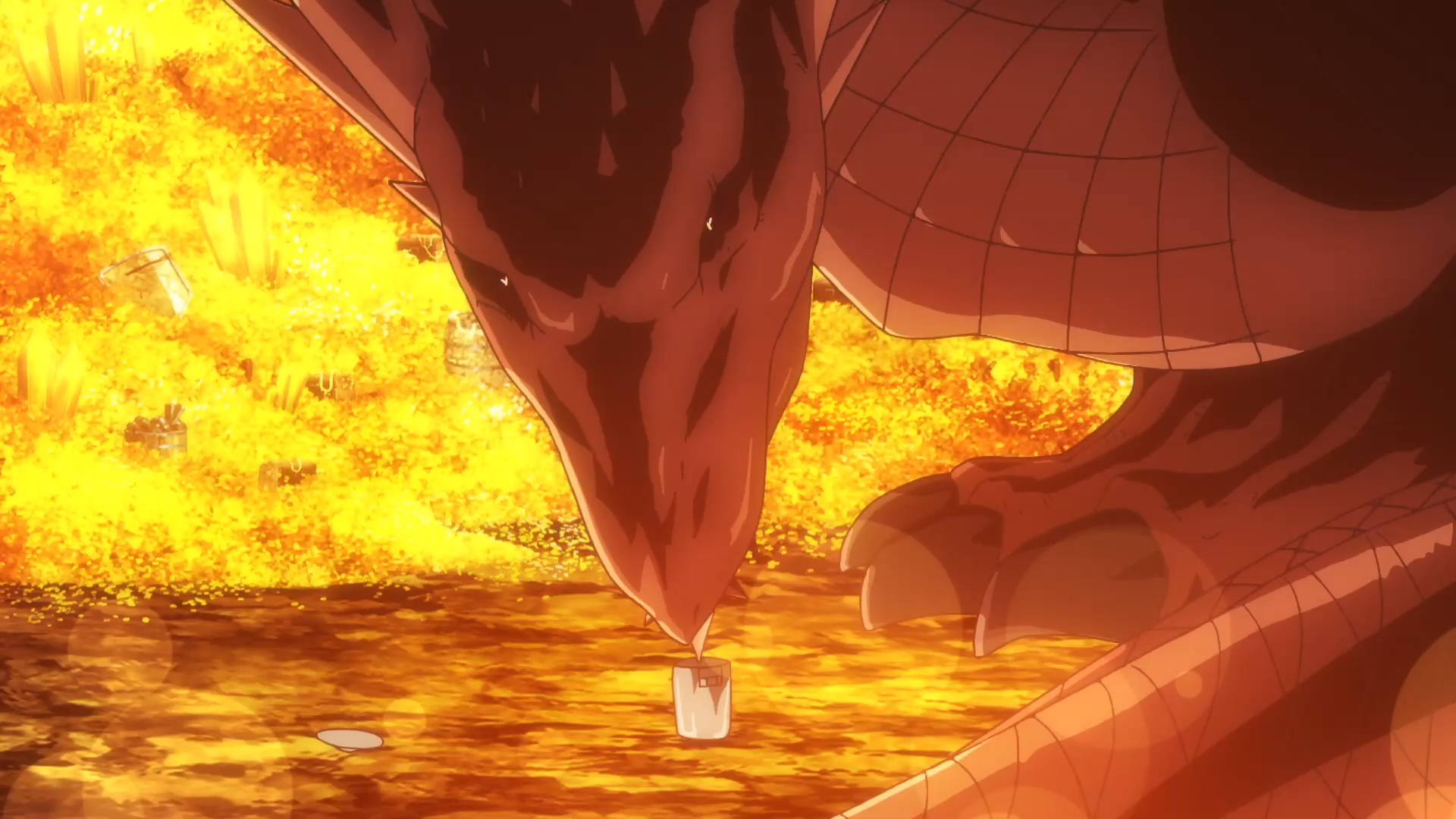 Curled up in her treasure horde, Red, a primal red dragon, delicately sips a pot of beef stew in a scene from the Restaurant to Another World TV anime.