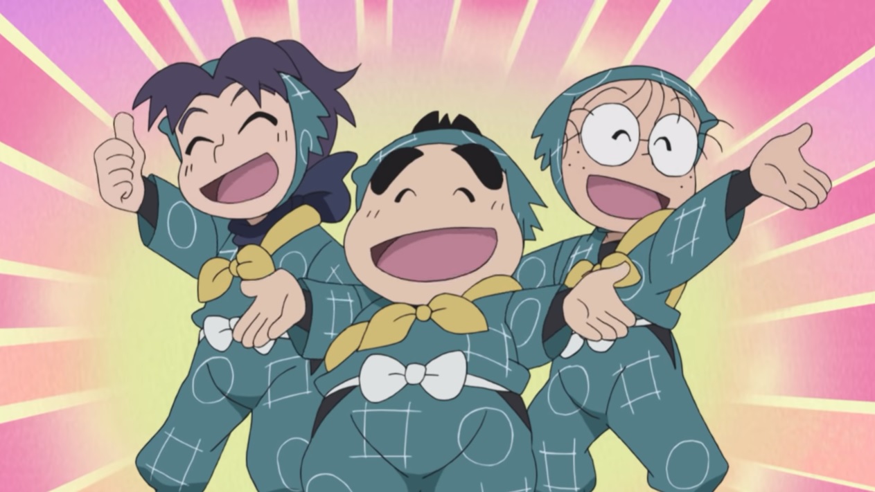 Rantaro and his friends Kirmaru and Shinbei celebrate another exciting day at ninja school in a scene from the upcoming 30th season of the Nintama Rantaro TV anime.