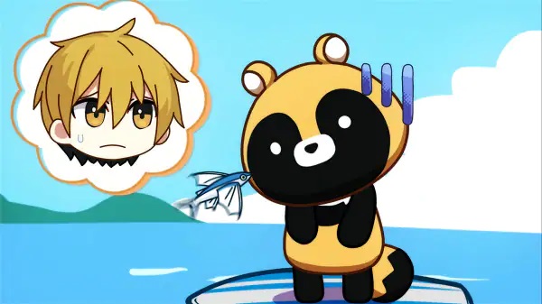 Ponkichi, un tanuki parlante, lucha con los peces voladores mientras intenta surfear el océano en una escena del anime de YouTube Kawaii Tanuki mo Raku janai.