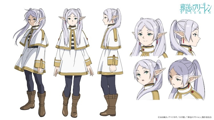 A character setting of the titular character, Frieren, from the upcoming Frieren: Beyond Journey's End TV anime. Frieren is an elven maiden with silver hair and green eyes who wears the white robes of an adventuring healer.