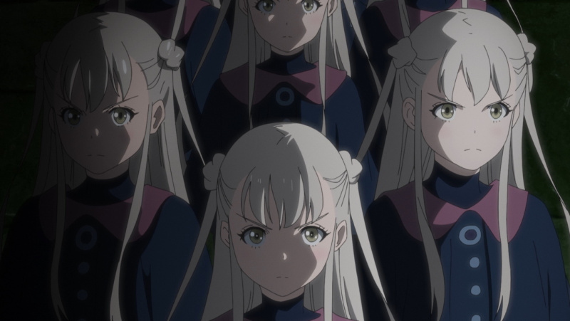 A series of clones of Kuumi glower and scowl from the shadows in a scene from the Giant Beasts of Ars TV anime.