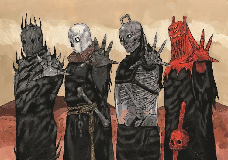 A promotional image for the Dorohedoro Original Art Exhibition FINAL ~The Worlds of Q Hayashida~ featuring artwork of various masked characters from the Dai Dark manga gesturing toward the viewer with an open palm.