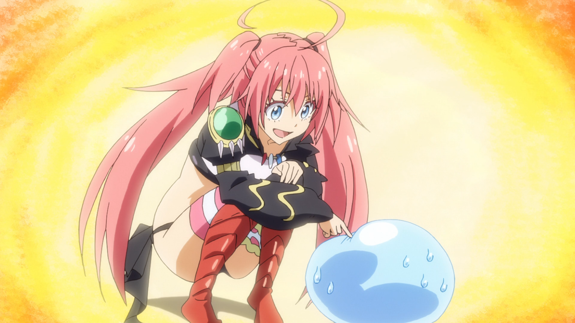 Demon Lord Mirim gently pokes at Rimiru's blobby slime body in a scene from the That Time I Got Reincarnated as a Slime TV anime.
