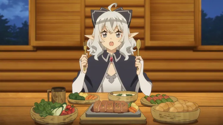 Flora prepares to dig into a full-course meal in a scene from the upcoming Farming Life in Another World TV anime.