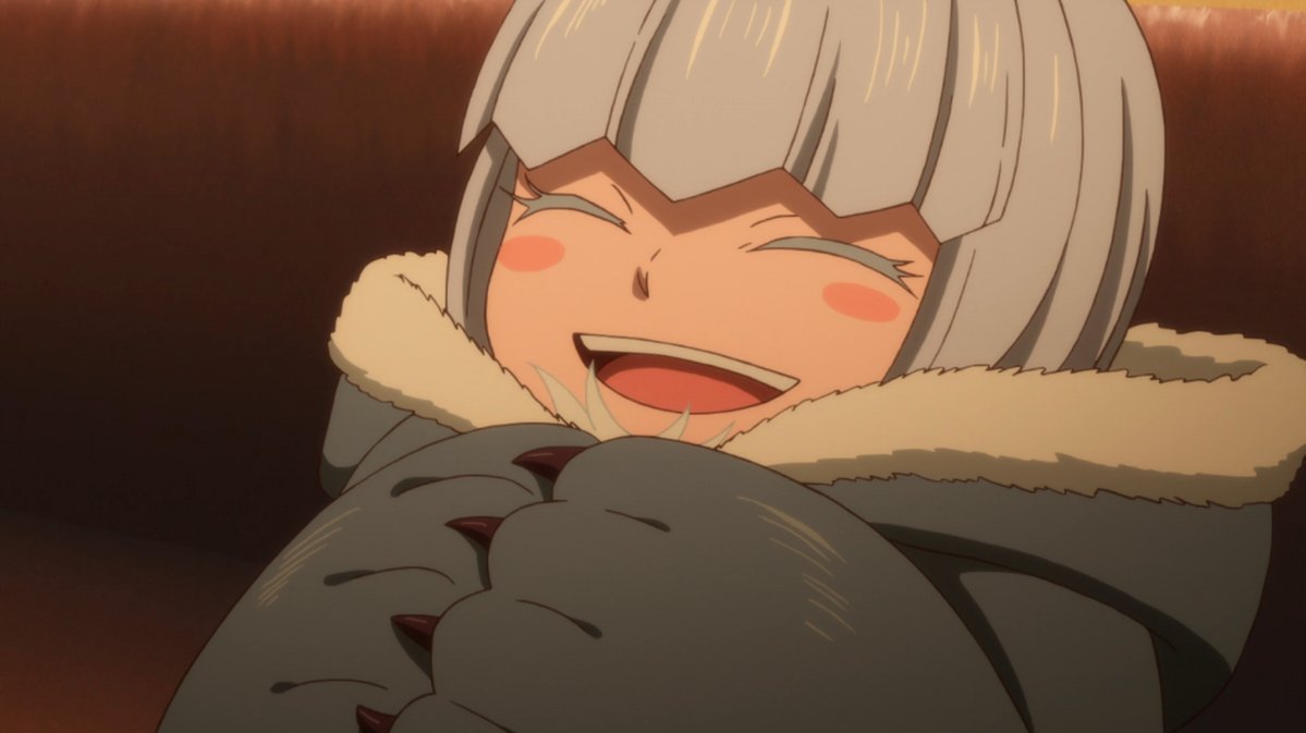 Selkie, a seal-like water spirit, smiles and claps her paws together in a scene from The Ancient Magus' Bride TV anime.