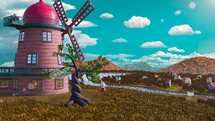 今後の3DCGシルバニアンファミリー演劇アニメ映画の一場面でウサギの女の子フレヤは、風車の近くの木の下に立って、離れて村の家を見ています。