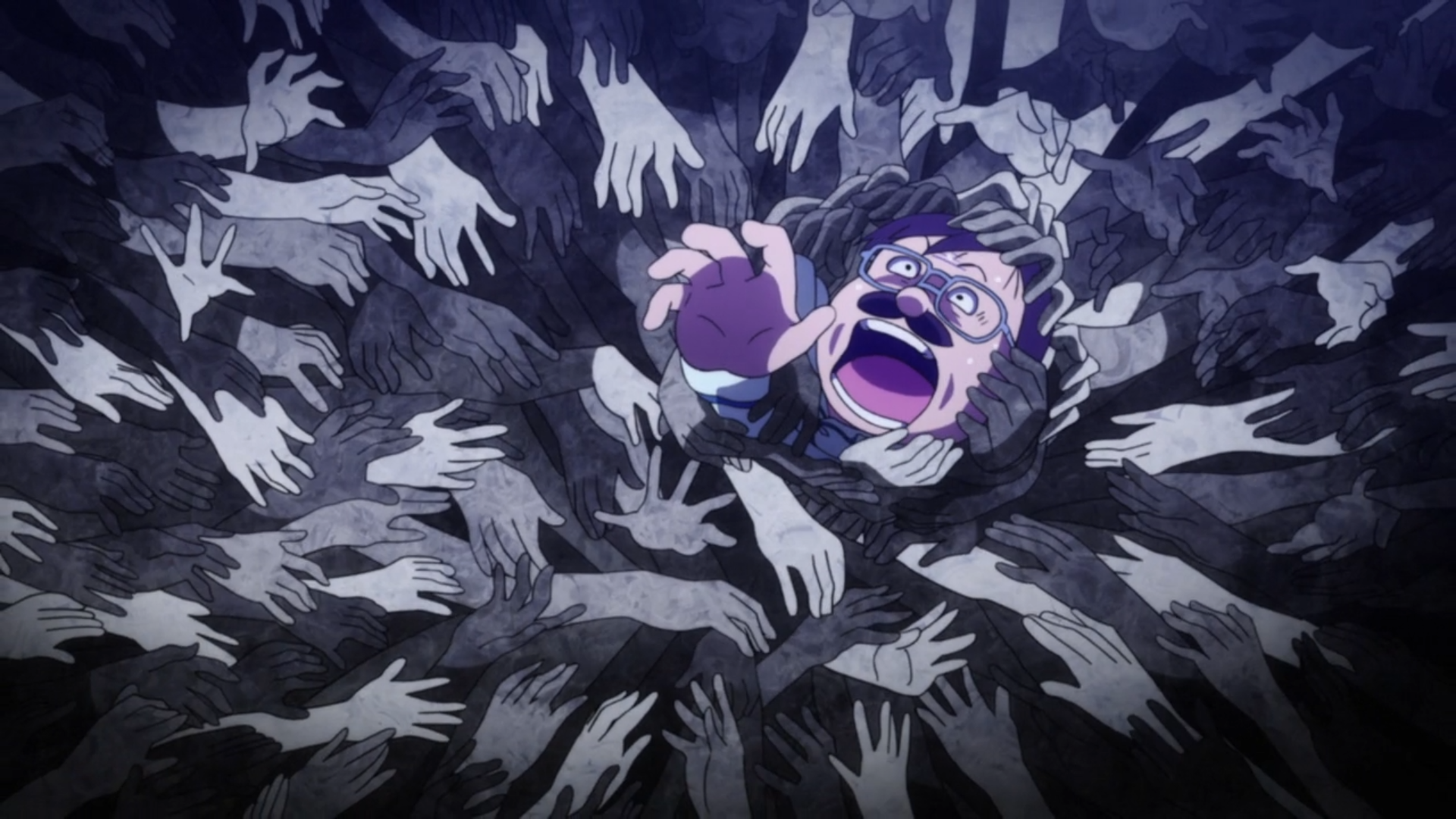 Un guionista se ve envuelto en una pesadilla de manos arañadas en una escena del anime televisivo The Laughing Salesman de 2017.