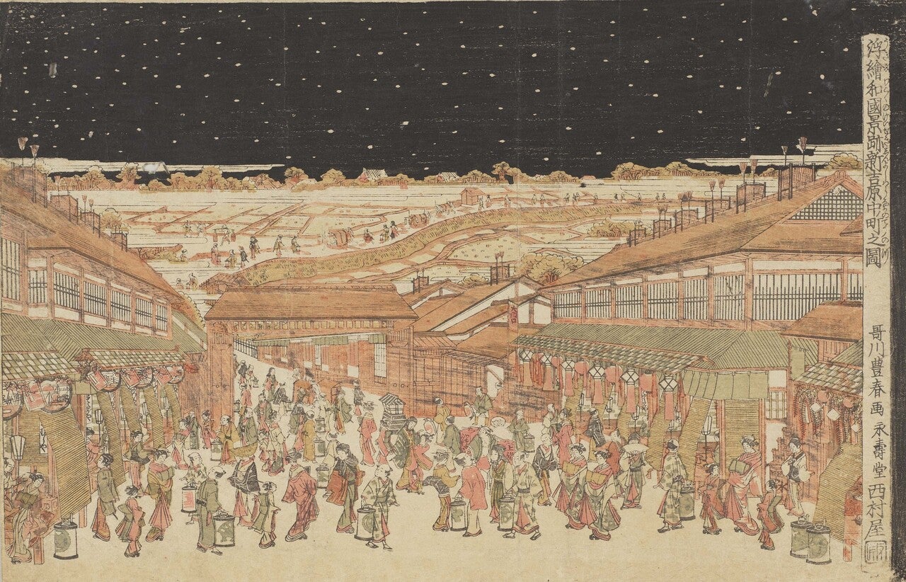 Yoshiwara’s main street of Nakanocho in 1775 as seen in Toyoharu Utagawa “Perspective picture of famous places of Japan: Nakanocho in Shin-Yoshiwara” print. 