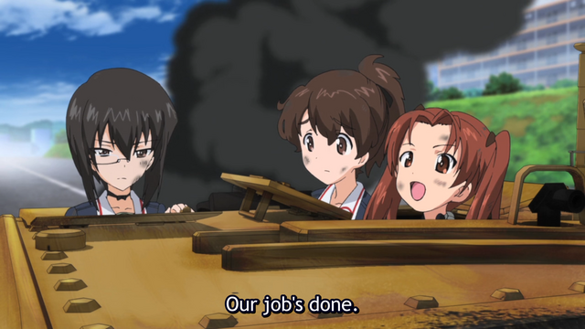 The girls of Turtle Team are eliminated from the Tankery finals when their tank is disabled in a scene from the 2012 GIRLS und PANZER TV anime.