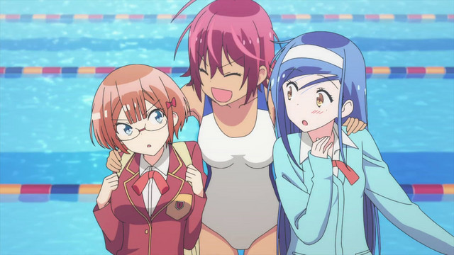 Rizu Ogata, Uruka Takemoto, and Fumino Furuhashi share a poolside moment in the We Never Learn: BOKUBEN TV anime.
