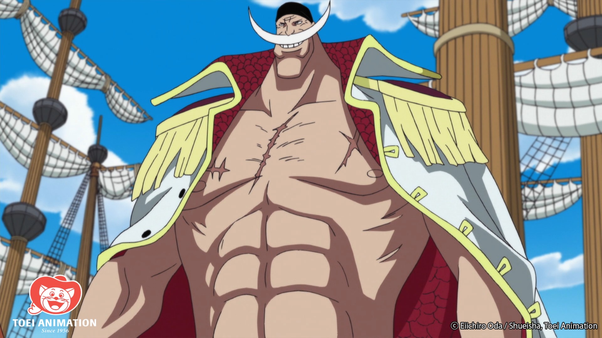 Barbablanca se enfrenta a la Armada en la Batalla de Marineford en una escena del anime de televisión One Piece.