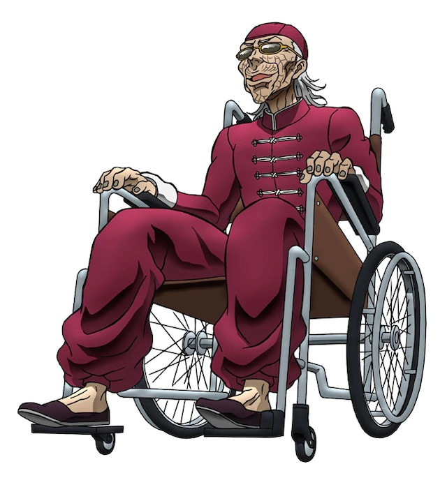 A character visual of Sea Emperor Kaku, an elderly martial artist wearing Chinese clothing and sunglasses while using a wheelchair, from the upcoming Baki anime.