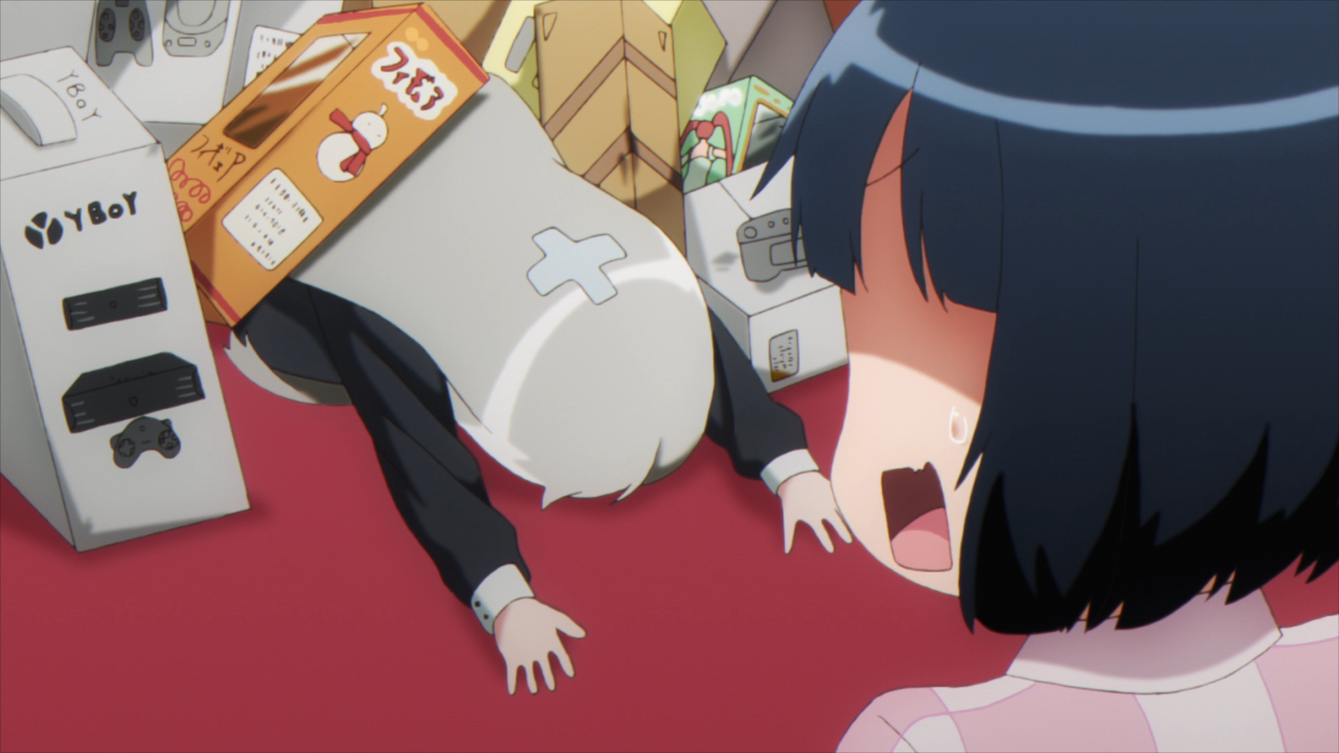 Sophie Twilight is crushed beneath an avalanche of video game consoles, toys, and other nerdy items while Akari Amano reacts in horror in a scene from the 2018 Ms. Vampire who lives in my neighborhood. TV anime.