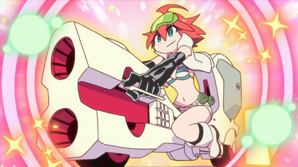 Luluco transforms into Trigger-chan, one of the mascots of Studio TRIGGER, in a scene from the 2016 TV anime SPACE PATROL LULUCO.