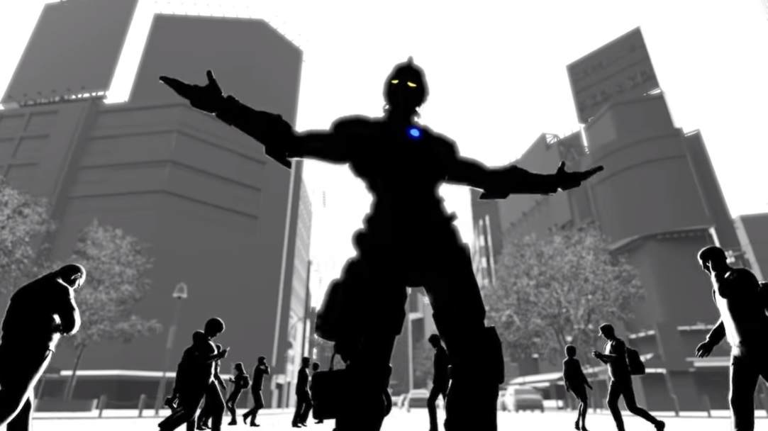 Ultraman dances in the center of the Shibuya crossing in a scene from the ending animation sequence of the second season of the Netflix original ULTRAMAN anime.