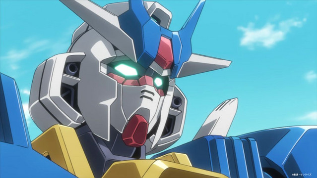 A screen capture from GUNDAM BUILD DIVERS Re:RISE, featuring a close-up of the Earthree Gundam piloted by the protagonist, Hiroto Kuga.