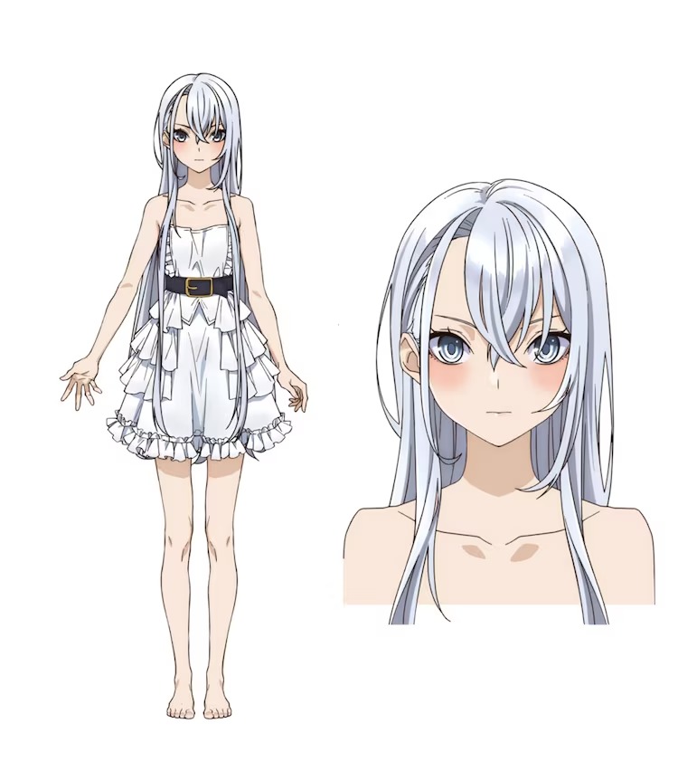 A character setting of Yuty from the upcoming I Got a Cheat Skill in Another World and Became Unrivaled in the Real World TV anime. Yuty is a young woman with silver eyes and long silver hair. She a ruffly, strapless white dress and is barefoot.