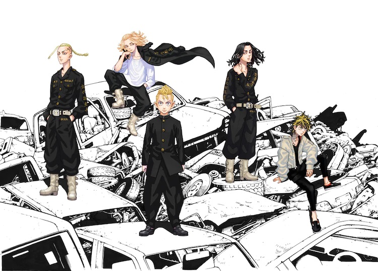 A key visual for the upcoming Tokyo Revengers TV anime, featuring the main cast of juvenile delinquents posing on a heap of scrapped cars in a junkyard.