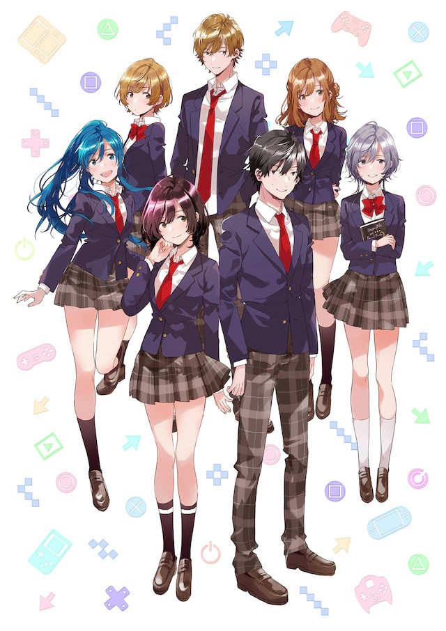 A key visual for the Bottom-Tier Character Tomozaki TV anime, featuring the main cast surrounded by video-game related symbols, such as button, controllers, and direction pads.