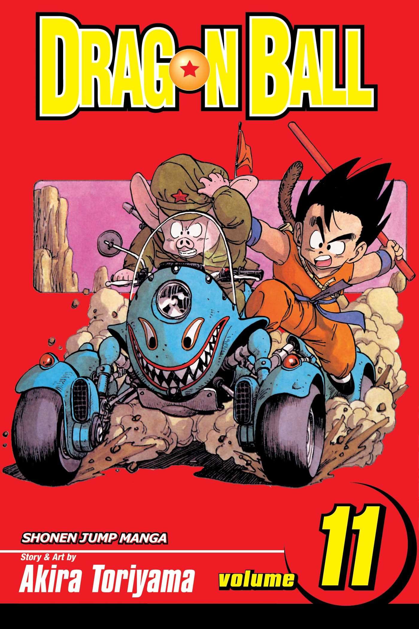 Das Cover von Viz' englischsprachiger Veröffentlichung von Dragon Ball Volume 11, mit Artwork von Akira Toriyama von Goku und Oolong, die versuchen, ein außer Kontrolle geratenes vierrädriges Motorrad zu fahren.