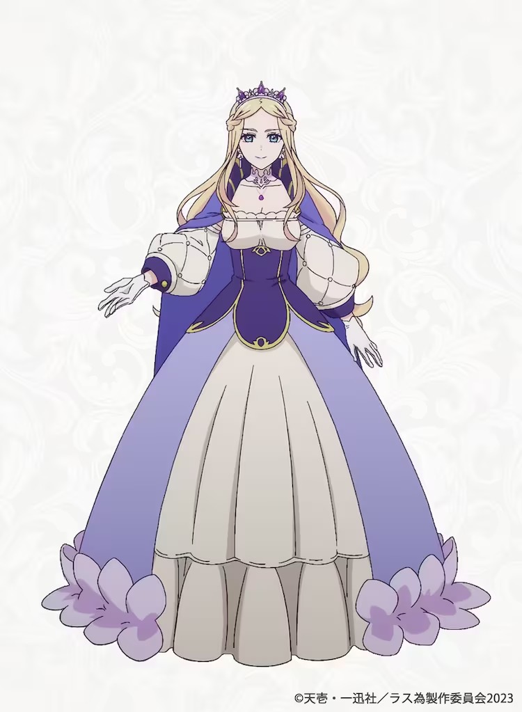 A character visual of Rosa from the upcoming The Most Heretical Lost Boss Queen: From Villainess to Savior TV anime. Rosa is an adult woman with long blonde hair and blue eyes who dresses in the crown and elaborate lilac-colored gown of a queen.
