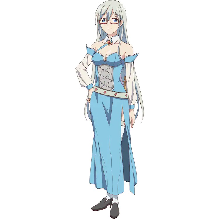 A character setting of Eléonore Bonnefoi from the upcoming Isekai Yakkyoku TV anime. Eléonore is a shapely young woman with long silver hair and blue eyes. She wears spectacles and a lowcut conjurer's outfit.