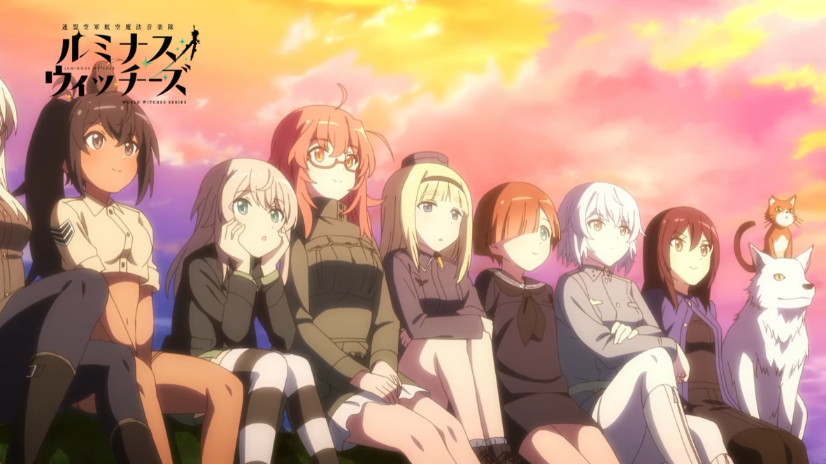 The main cast of the Luminous Witches TV anime enjoys a sunset together while sitting on a hill beneath the open sky.