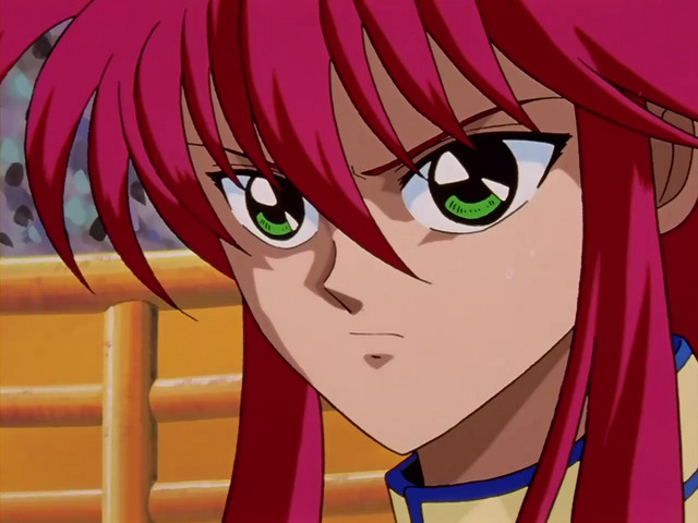 Kurama menampilkan ekspresi tekad dalam sebuah adegan dari anime TV Yu Yu Hakusho.