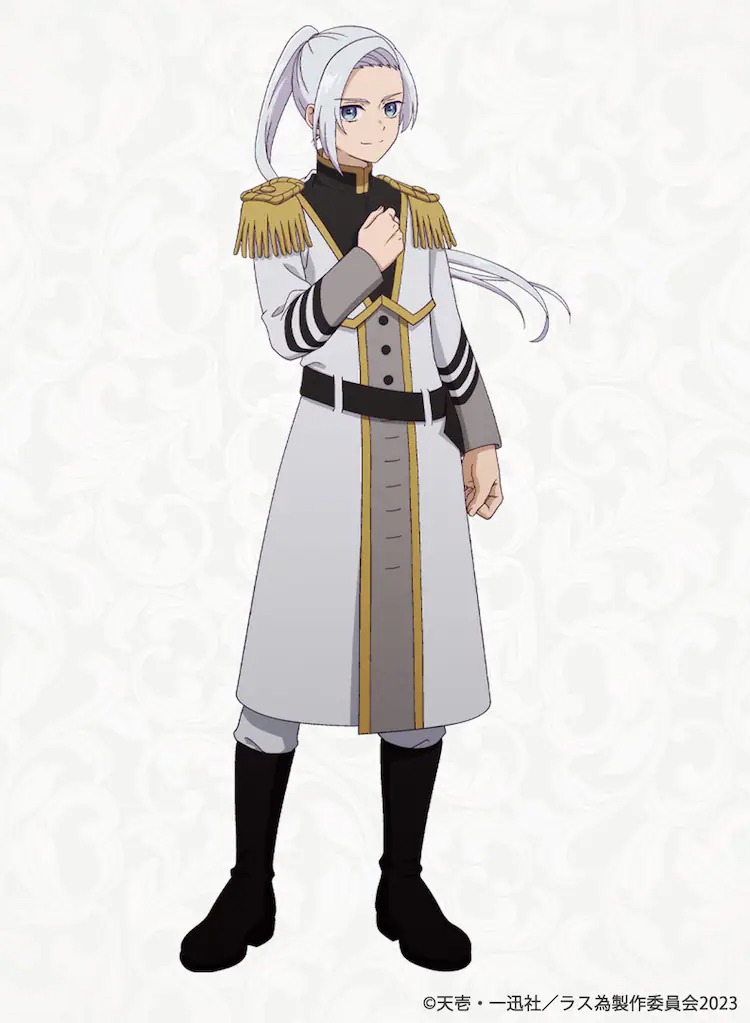 A character visual of Arthur from the upcoming The Most Heretical Lost Boss Queen: From Villainess to Savior TV anime. Arthur is a serious lookng young man with silver hair and eyes who wears a white military uniform with golden fringed epaulettes.