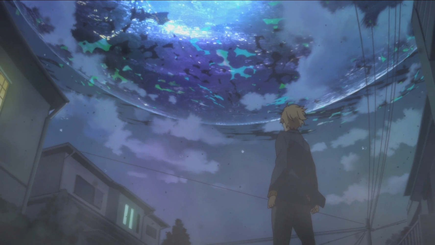 Akihito Kanbara observes the legendary yomu known as 'Beyond the Boundary' descending from the night sky in a scene from the 2013 Beyond the Boundary TV anime.