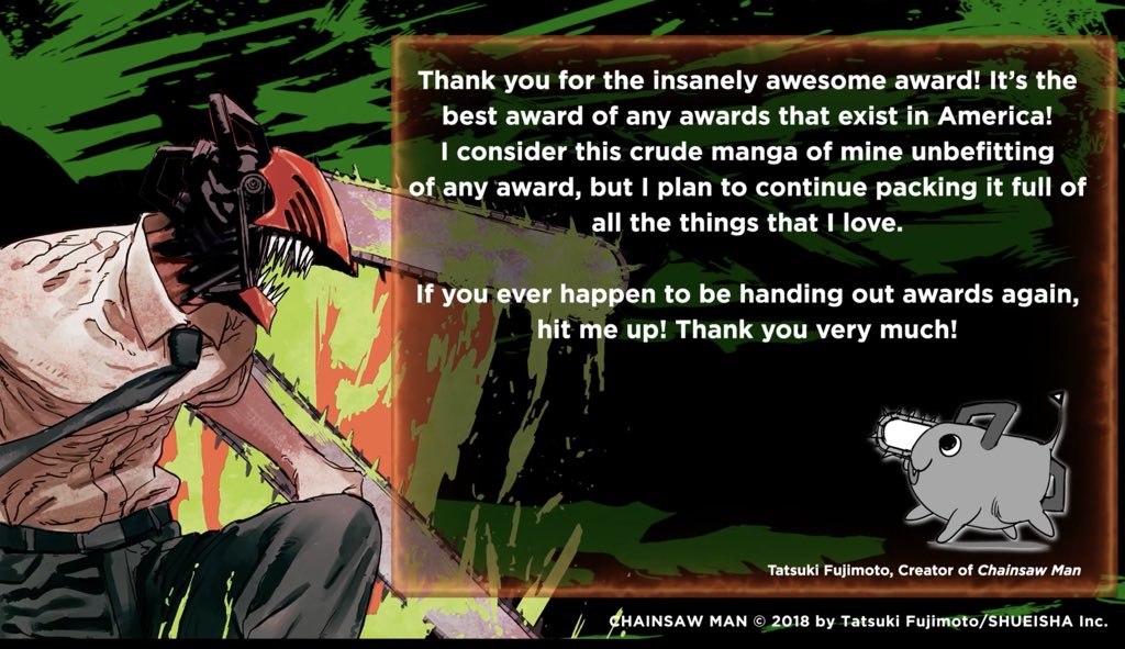 Tatsuki Fujimoto's comment on winning Harvey Award