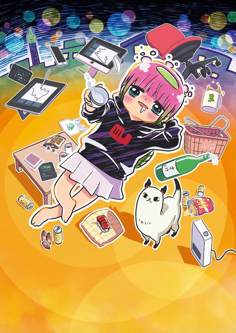A new key visual for the upcoming Atasha Kawashiri Kodama da yo TV anime featuring the main character and her cat / manager lounging about surrounded by junk food, alcohol, and digital devices such as smart phones, drawing tables, and video game consoles.
