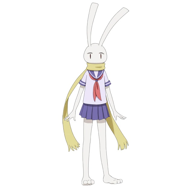 A character setting of Frau, a rabbit person in a sailor uniform with a long yellow scarf from the upcoming Peach Boy Riverside TV anime.