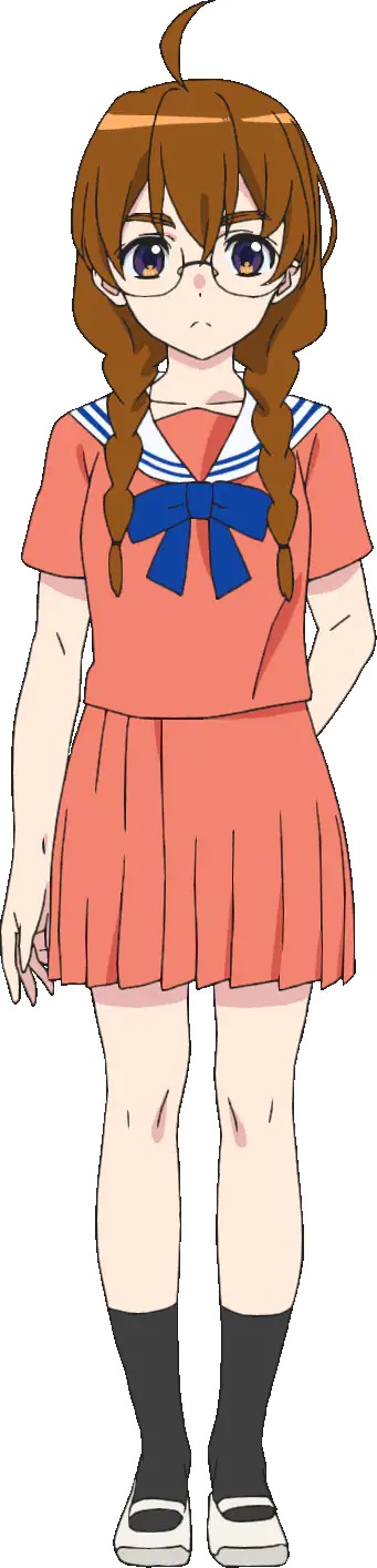 Eine Charaktereinstellung von Sekine aus dem kommenden TV-Anime 4-nin wa Sorezore Uso wo Tsuku.  Sekine ist ein ernst aussehendes Mädchen mit gelben Augen und braunem Haar, das zu Zöpfen gestylt ist.  Sie trägt eine Brille und eine Matrosen-Fuku-Uniform.