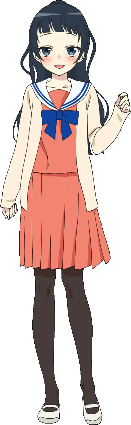 Eine Charaktereinstellung von Chiyo aus dem kommenden TV-Anime 4-nin wa Sorezore Uso wo Tsuku.  Chiyo hat blaue Augen und lange dunkle Haare.  Sie trägt eine Matrosen-Fuku-Uniform und einen Pullover.
