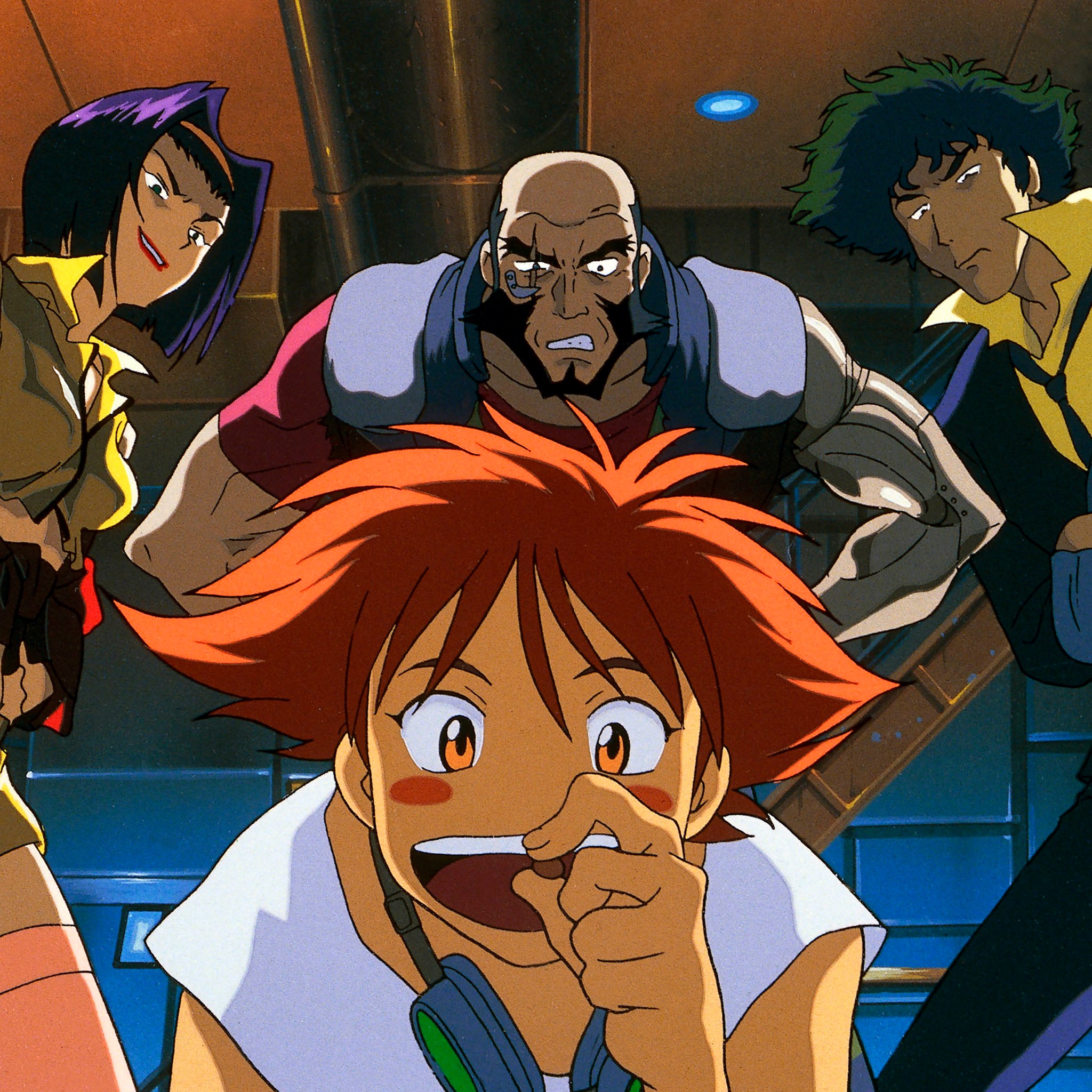 Faye Valentine, Jet Black, and Spike Spiegel glare at Ed as she prepares to eat the last morsel of food on the ship in a scene from the Cowboy Bebop TV anime.