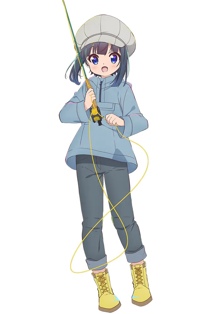 Ein Charakter-Visual von Hiyori Minagi aus dem kommenden Slow Loop TV-Anime.  Hiyori ist ein bescheidenes junges Mädchen mit blauen Haaren und blauen Augen, das einen Hut, eine Jacke, Jeans und Stiefel trägt, während sie eine Fliegenfischerrute schwingt. 