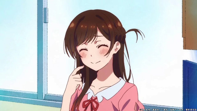 Chizuru Mizuhara smiles and blushes in a scene from the Rent-A-Girlfriend TV anime teaser trailer.