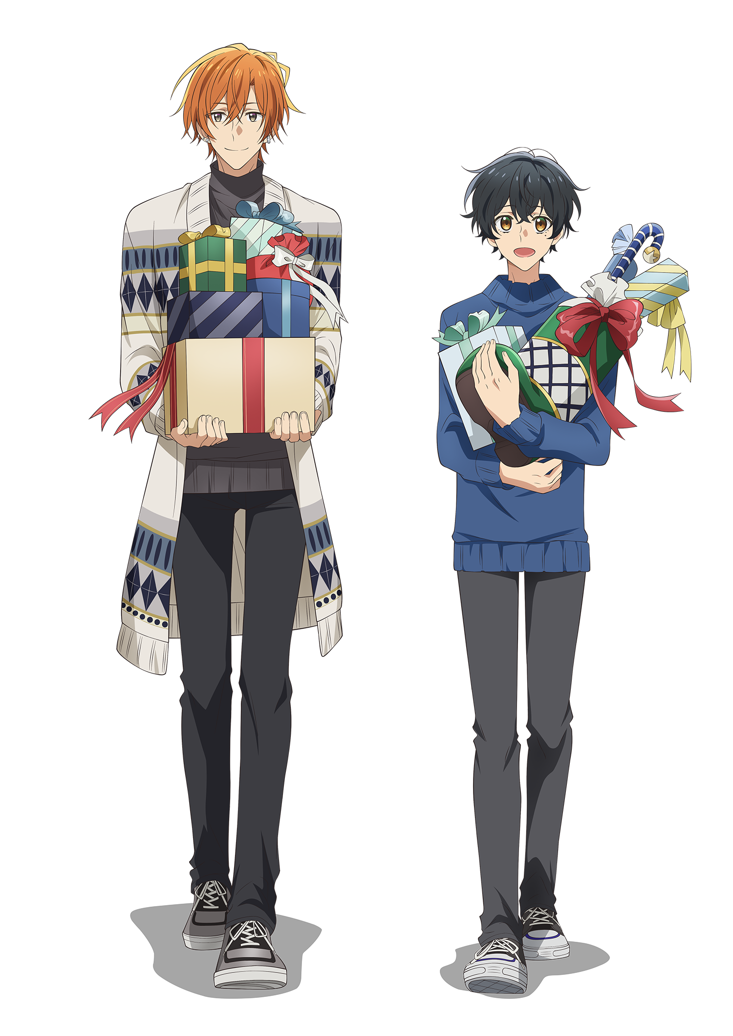 A promotional visual for the upcoming Sasaki and Miyano TV anime featuring the lead characters, Sasaki and Miyano, dressed in warm winter clothes and carrying armloads of wrapped and packaged Christmas presents.