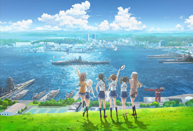 The girls of High School Fleet: The Movie greet their ship as it enters the harbor in a promotional image for the upcoming anime theatrical film.